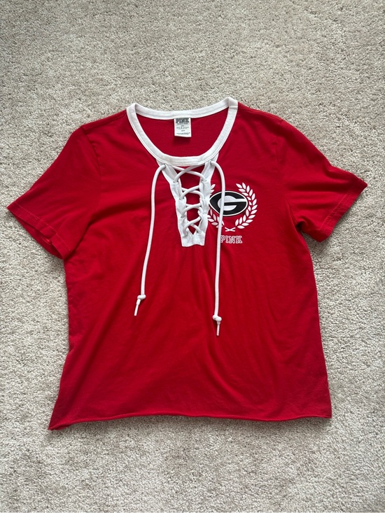 PINK Victoria's Secret Tops - PINK Victoria's Secret Red Lace-Up Ringer Tee with White Trim